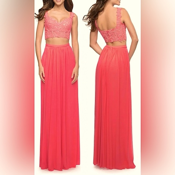 🪸La Femme Two Piece Beaded Pink Grapefruit Coral 2 Piece Prom Formal Dress - Picture 2 of 13